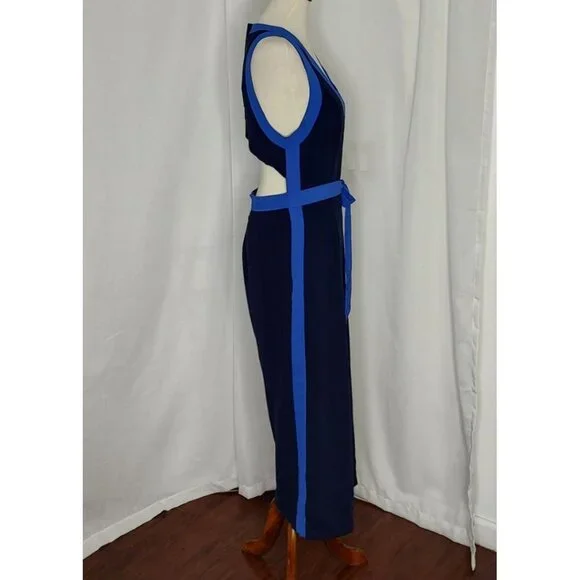 Anthropologie Elevenses Jumpsuit 10 Beca Blue Colorblock Wide Leg Copped Cut Out - Picture 6 of 15